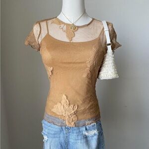 Elegant Tan Sheer Lace Top